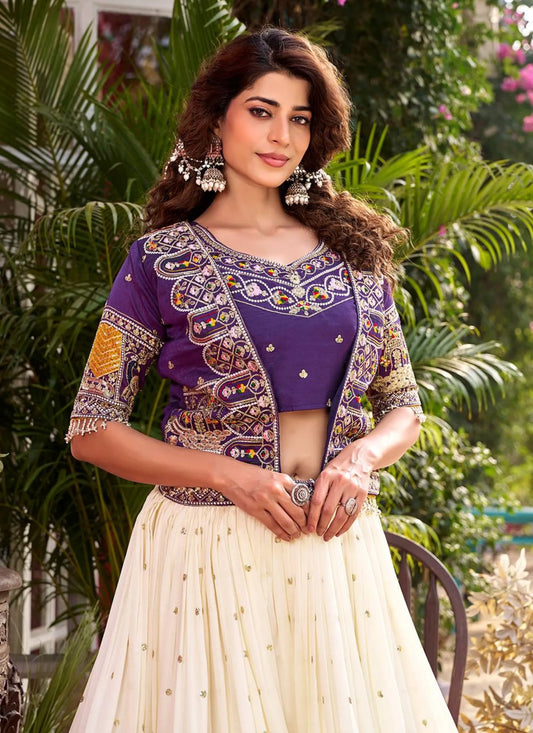 Purple Pure Vichitra Silk Embroidery Lehenga Choli