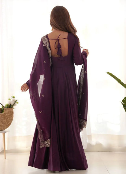 Pure Romansilk Chanderi Fabric Anarkali Wine