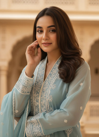 Silk Mangaldeep Kurta Set Sky