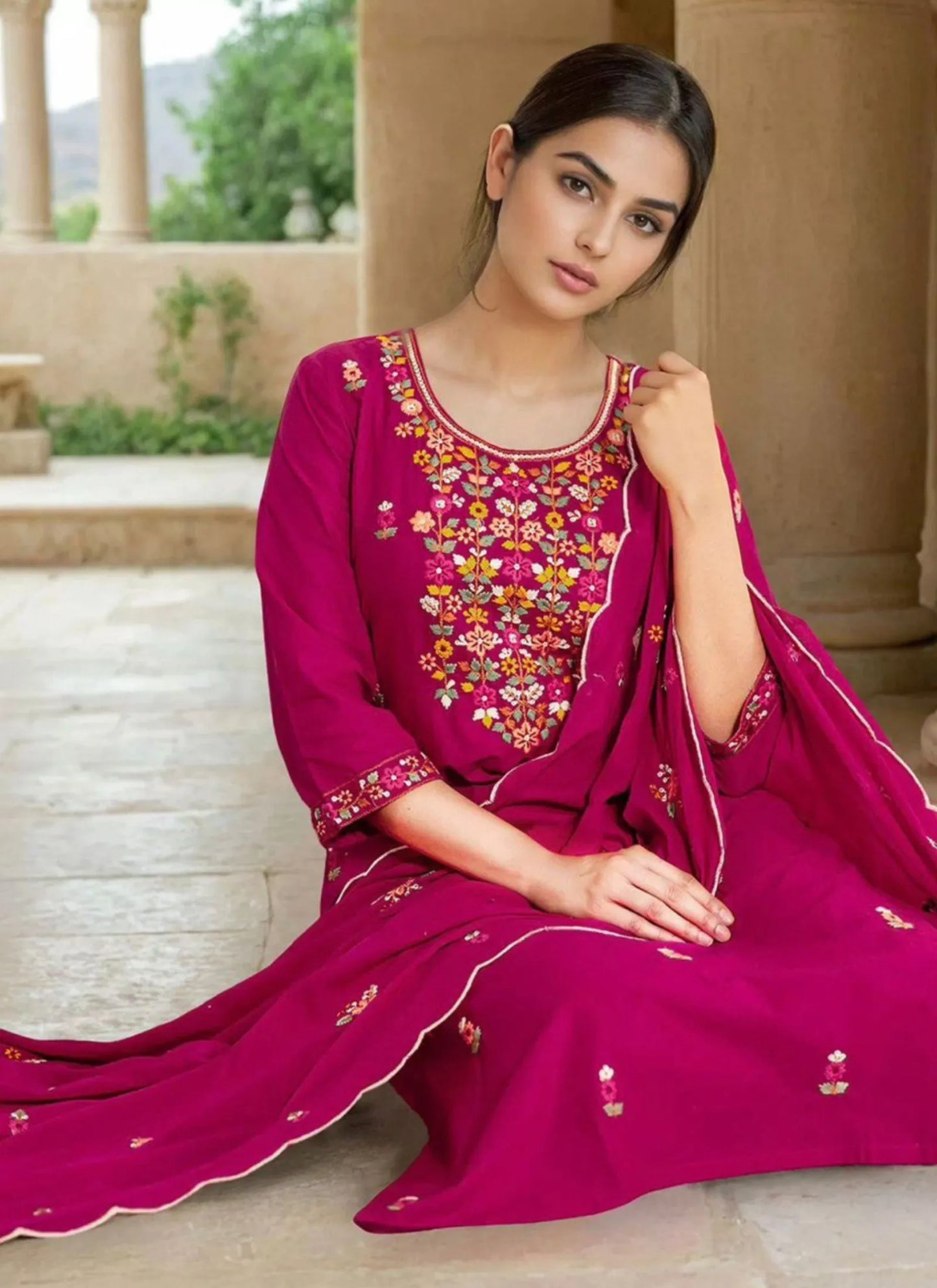 Heavy Roman Fabric Kurta Set Pink
