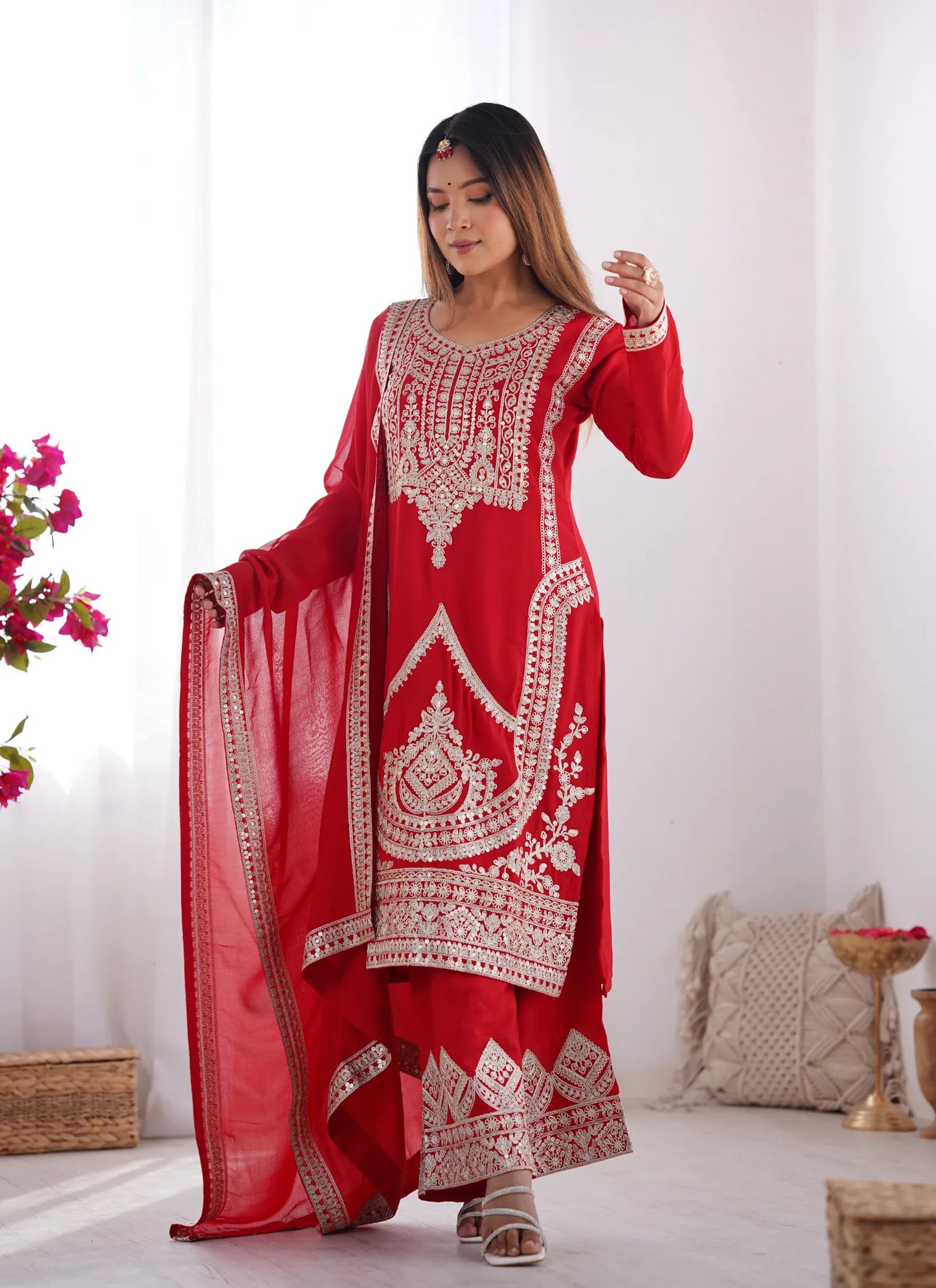Pure Vichitra Silk Embridery Kurta Red