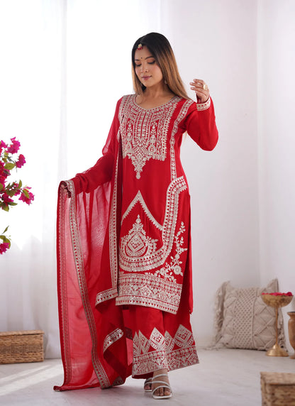 Pure Vichitra Silk Embridery Kurta Red