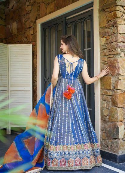 Pure Organza Silk Anarkali Gown Blue