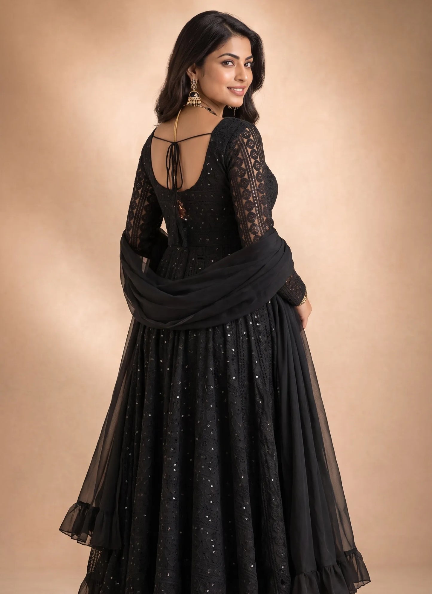 Black Lucknowi Sequence & Thread Work Anarkali Suit