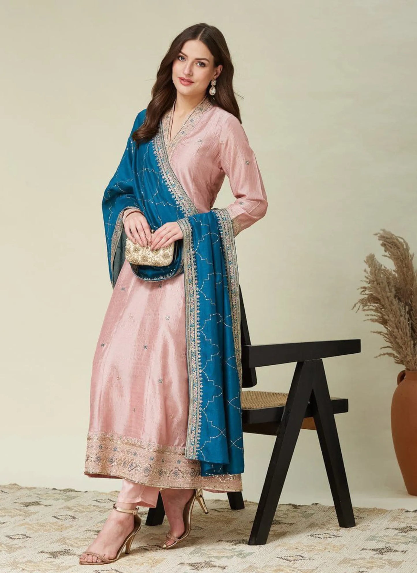 Premium Embroidery Anarkali Kurti Set Pink