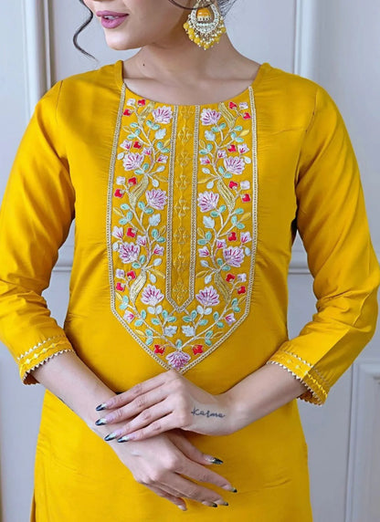 Yellow Vertican Silk Kurta Set