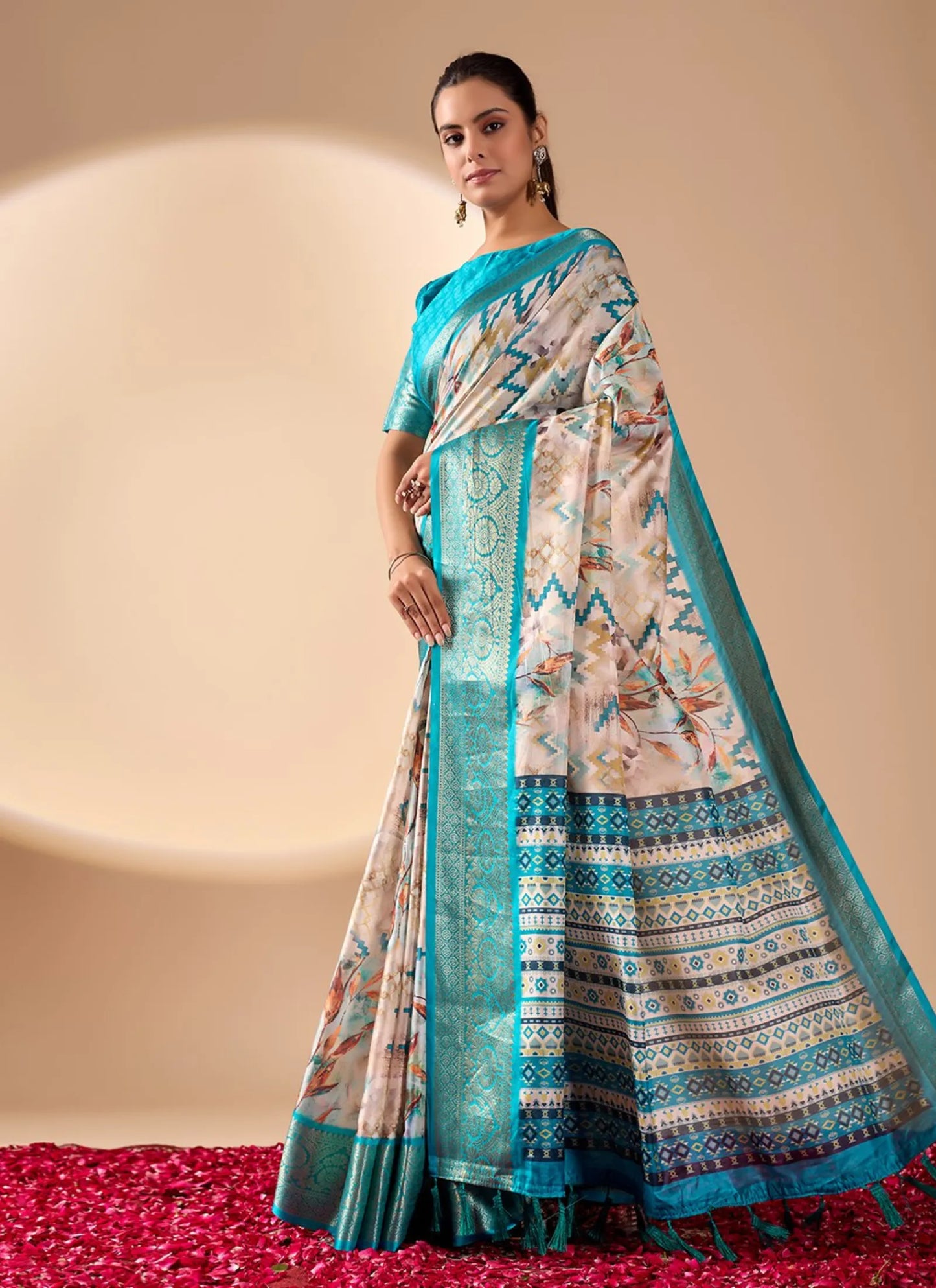 Modern Prints Soft Lichi Silk Saree Aqua
