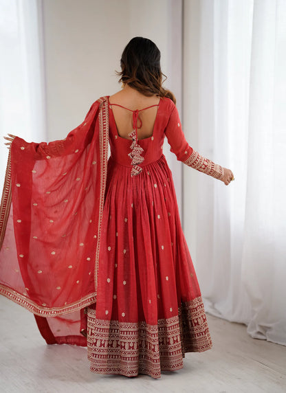 Premium Crunchy Silk Anarkali Gown Rust