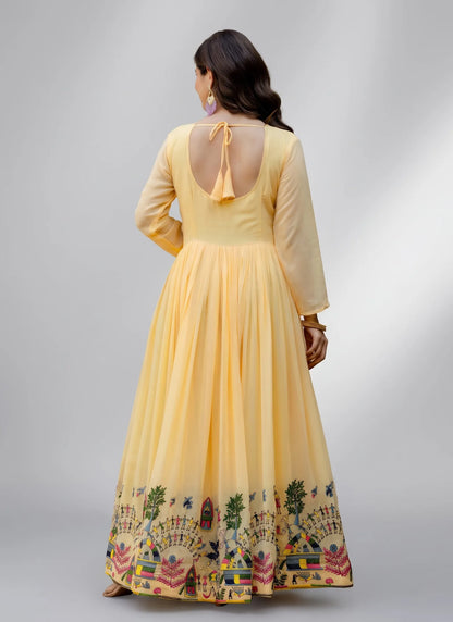 Yellow Embroidered Faux Georgette Gown