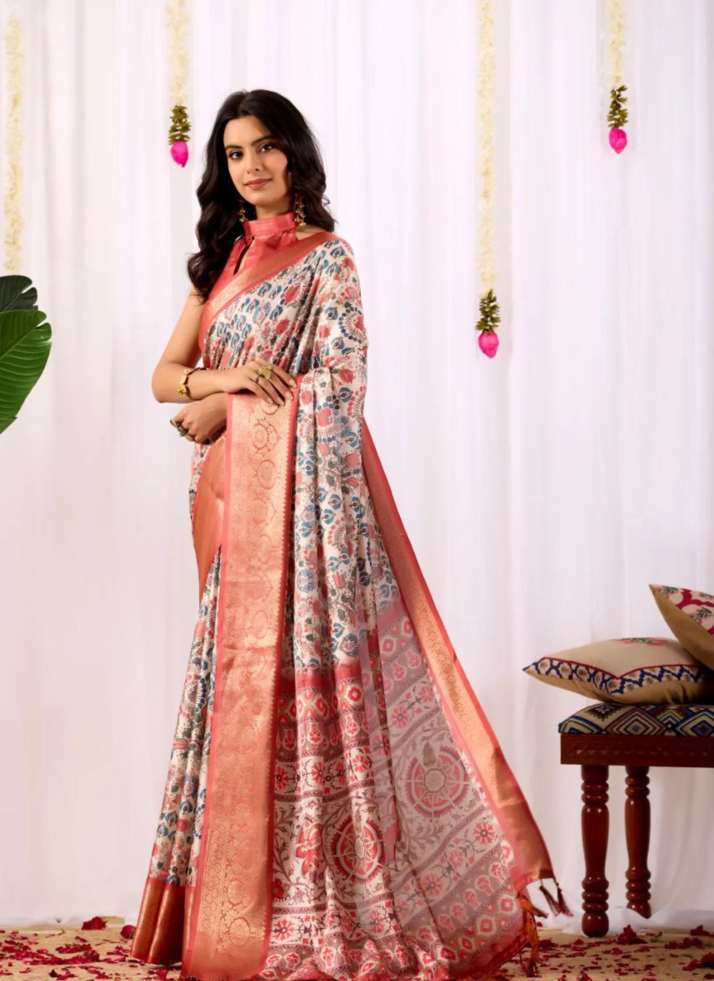 Geometric Prints Soft Lichi Silk Saree