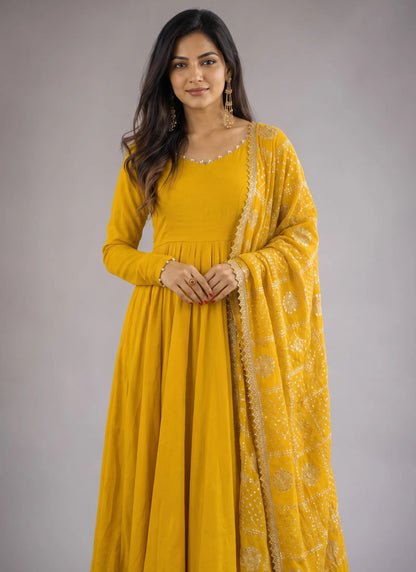 Yellow Heavy Roman Silk Anarkali Suit