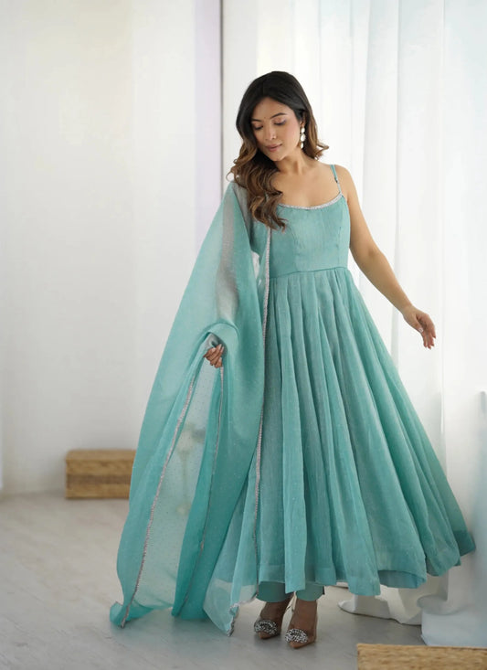 Crunchy Silk Fabrics Fully Flair Anarkali Sea Green