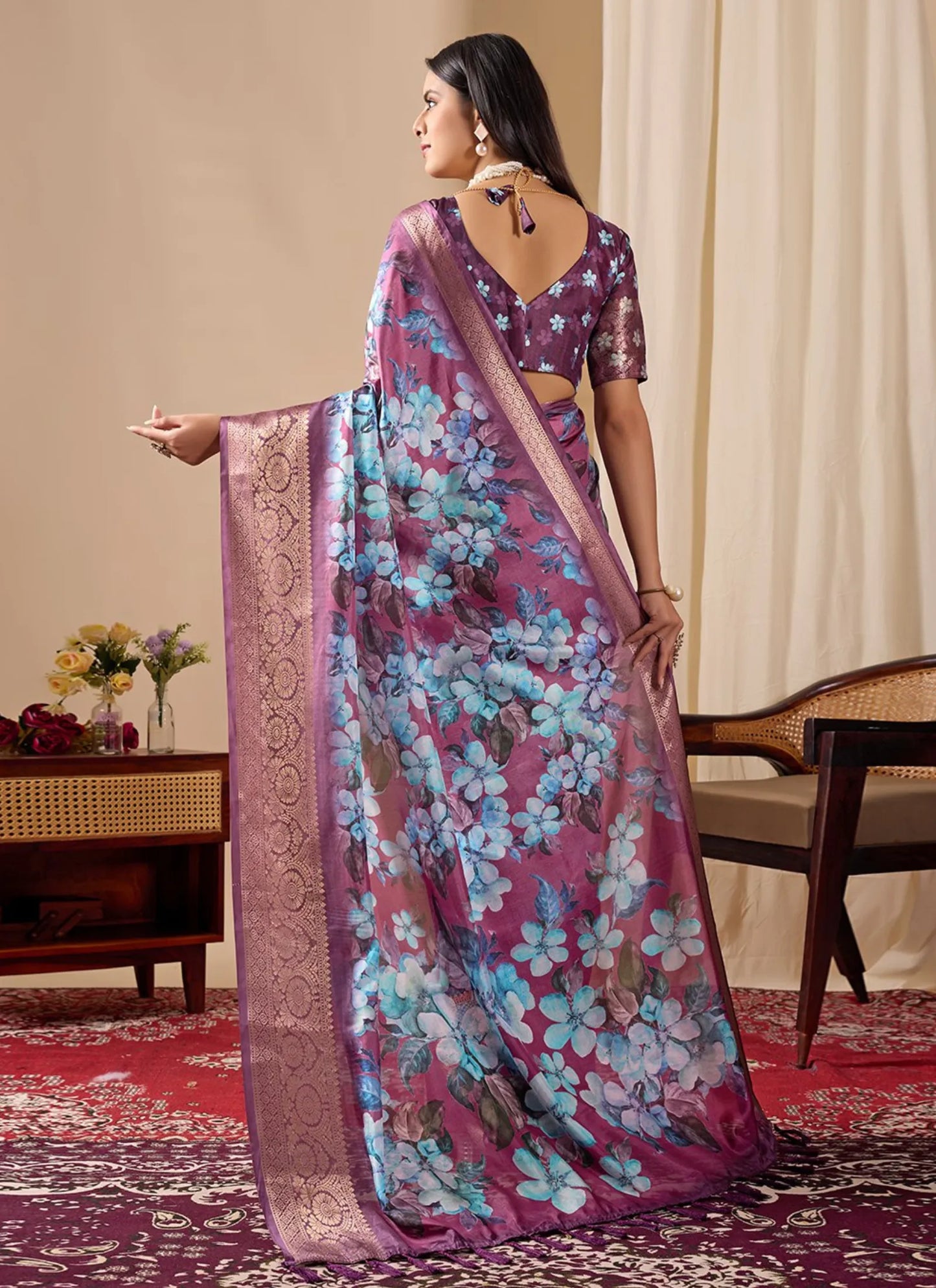 Blooming Floral Print Soft Lichi Silk Saree
