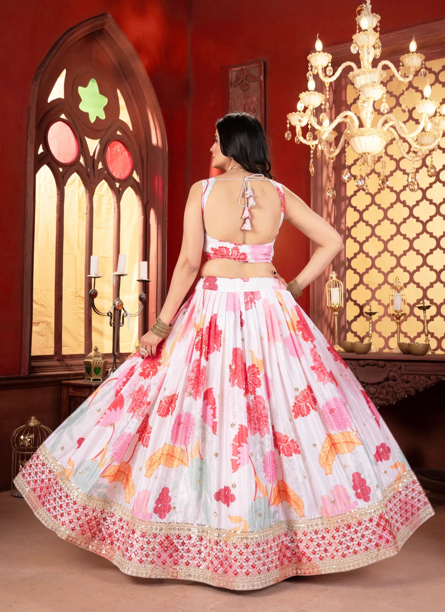 Floral Pink Chinon Silk Lehenga Choli