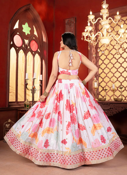 Floral Pink Chinon Silk Lehenga Choli