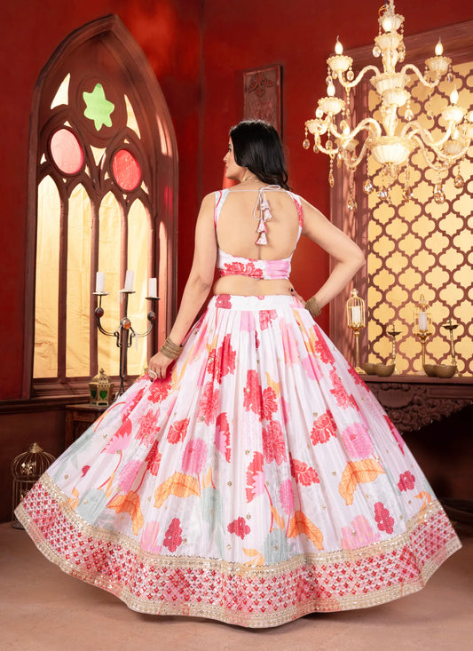 Floral Pink Chinon Silk Lehenga Choli