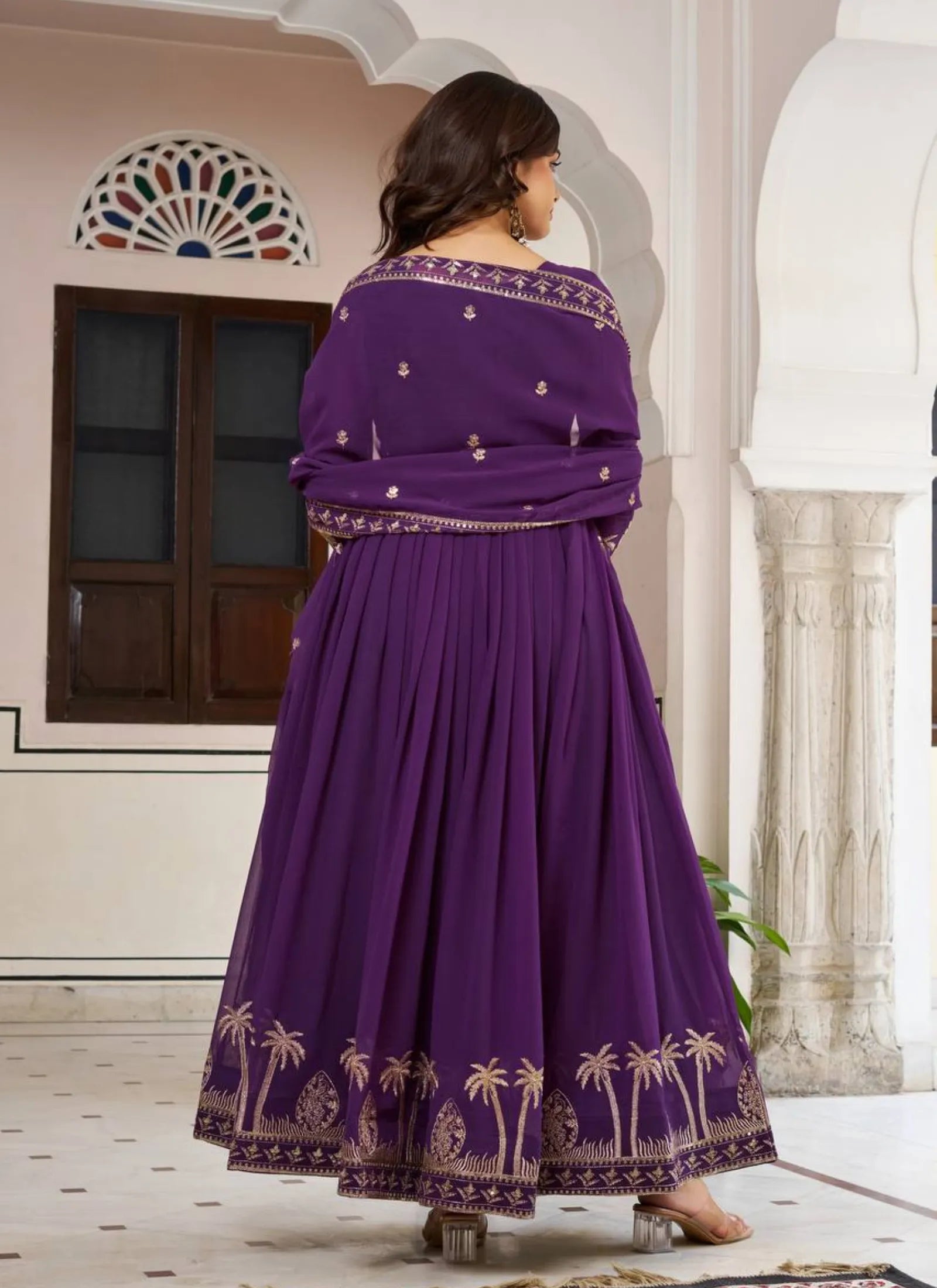 Purple Faux Georgette Thread Work Anarkali Suit