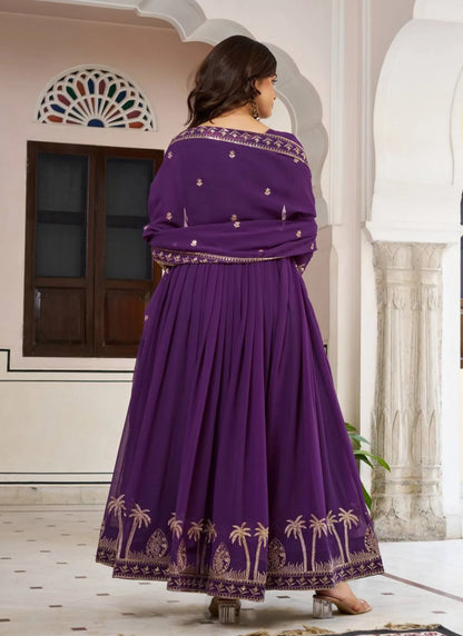 Purple Faux Georgette Thread Work Anarkali Suit