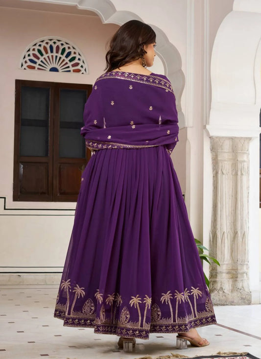 Purple Faux Georgette Thread Work Anarkali Suit