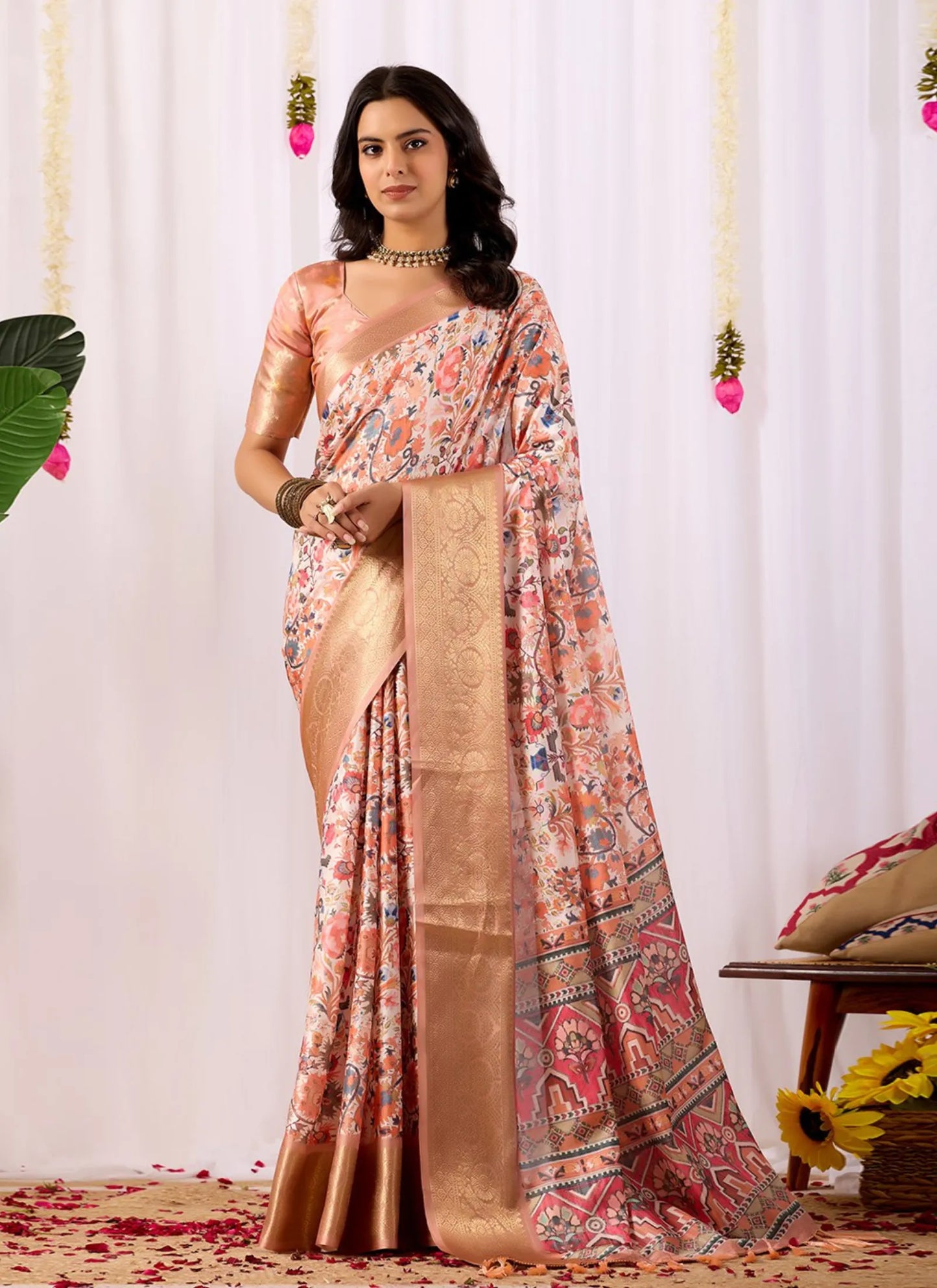 Intricate Floral Print Soft Lichi Silk Saree