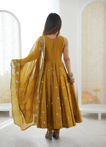 Mustard Roman Silk Embroidery Anarkali Suit