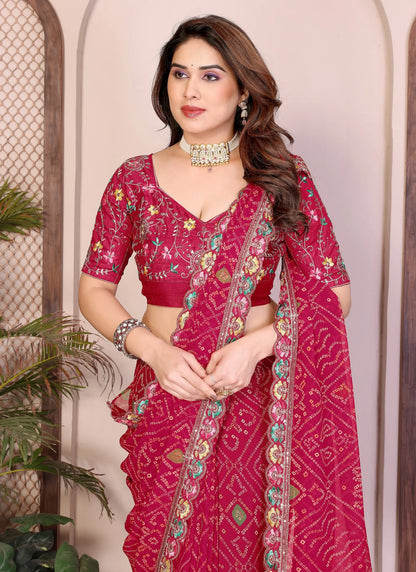 Pink Chakradhar Bandhej Georgette Saree