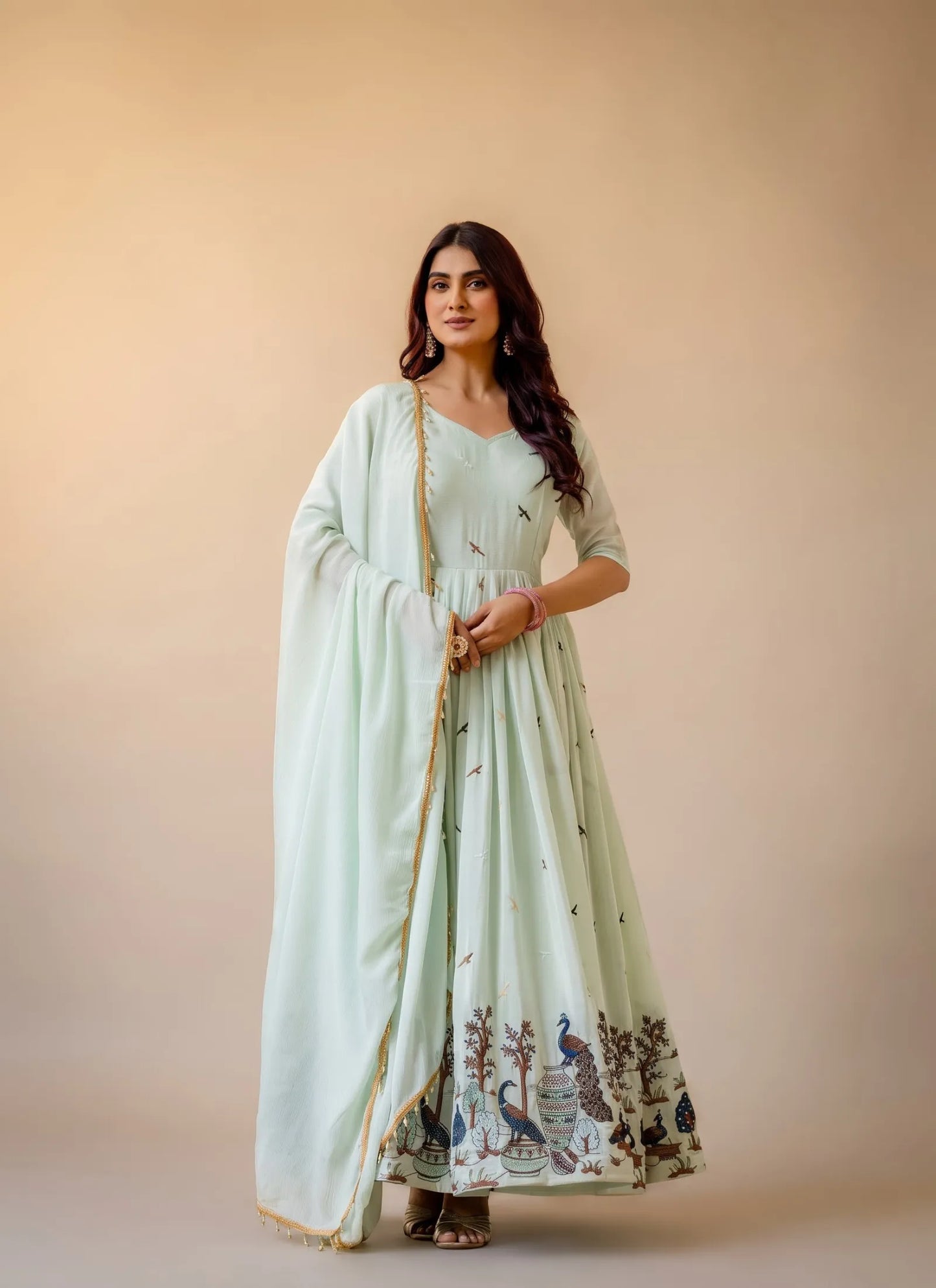 Green Embroidered Chinon Fabric Gown