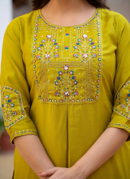 Mustard Pure Viscose Designer Kurti Set