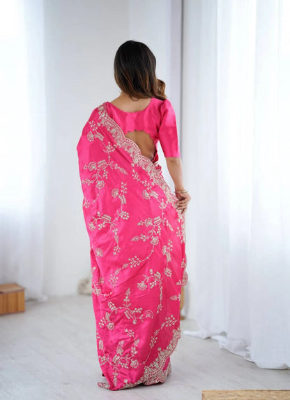 Pink Heavy Satin Silk With Embroidery Saree