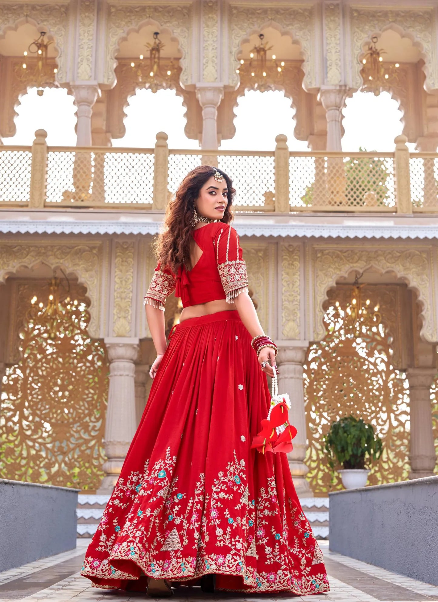 Red Pure Vichitra Silk Embroidery Thread Work Lehenga Choli