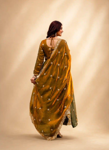 Muddy Green Embroidered Fendy Satin Gown
