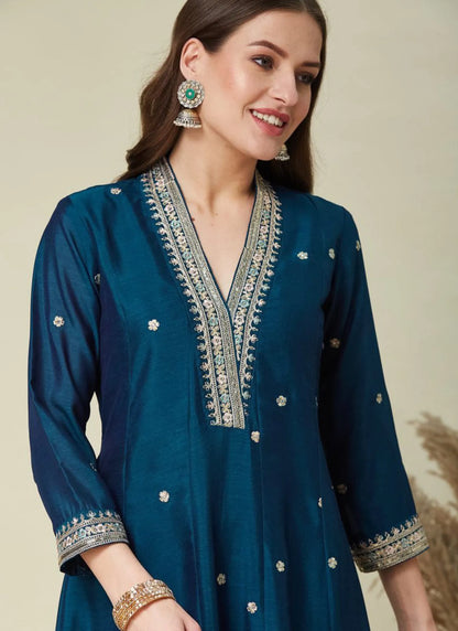 Premium Embroidery Anarkali Kurti Set Navy