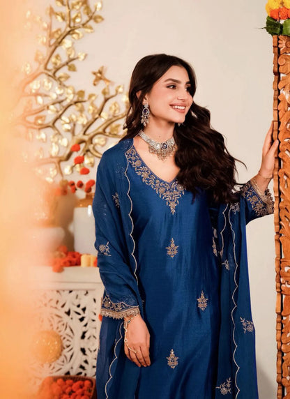 Premium Vichitra Silk Kurta Set Blue