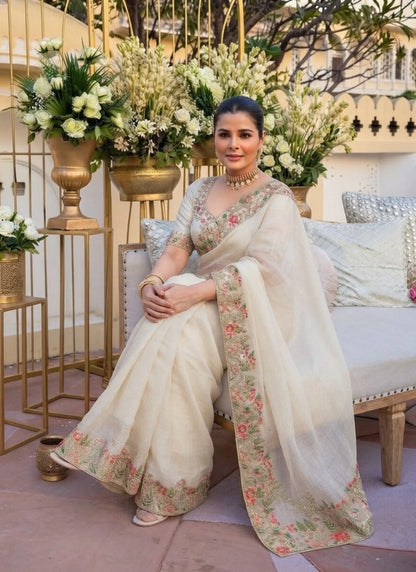 Off-White Soft Fendy Satin Silk Saree