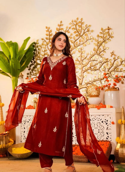 Premium Vichitra Silk Kurta Set Red