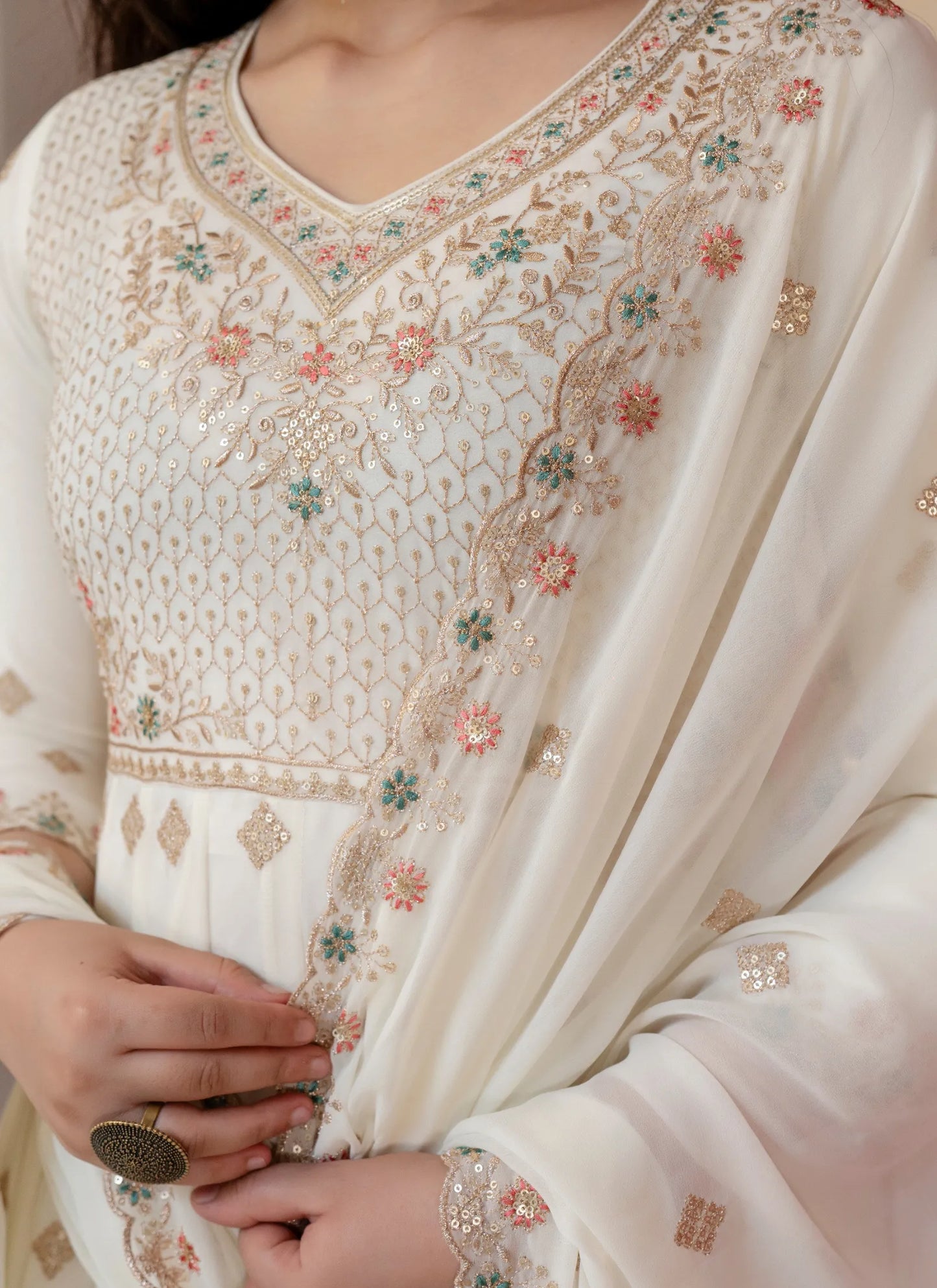 Off White Faux Blooming With Thread Embroidered Work Anarkali Suit