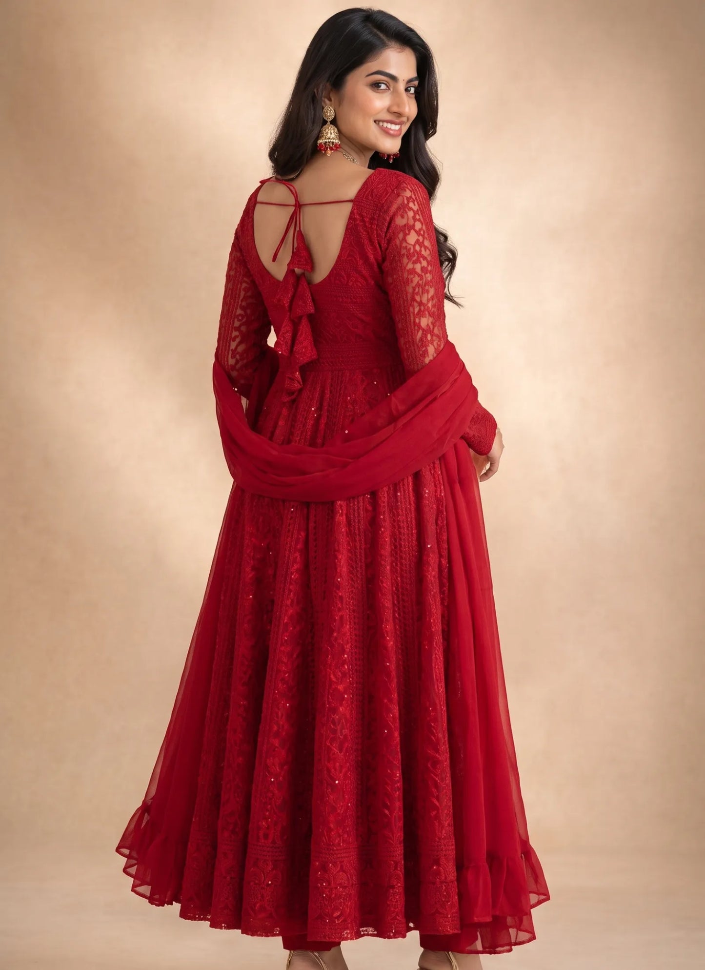 Red Lucknowi Sequence & Thread Work Anarkali Suit