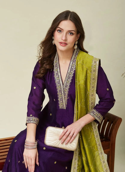 Premium Embroidery Anarkali Kurti Set Violet
