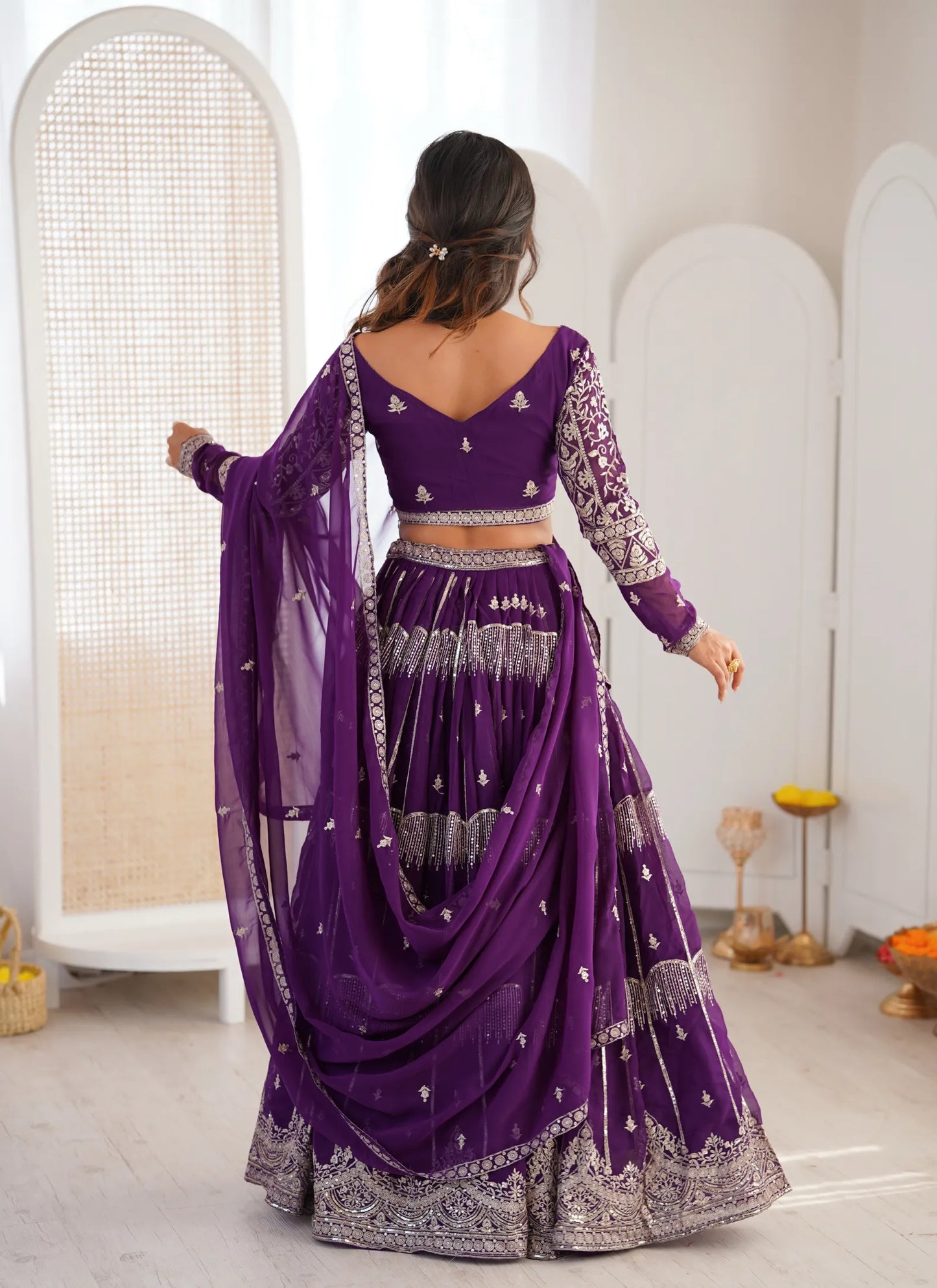 Purple Faux Georgette Thread Embroidery Lehenga Choli
