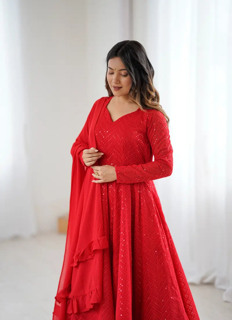 Classic Lucknowi Georgette Fabric Anarkali Suit Red