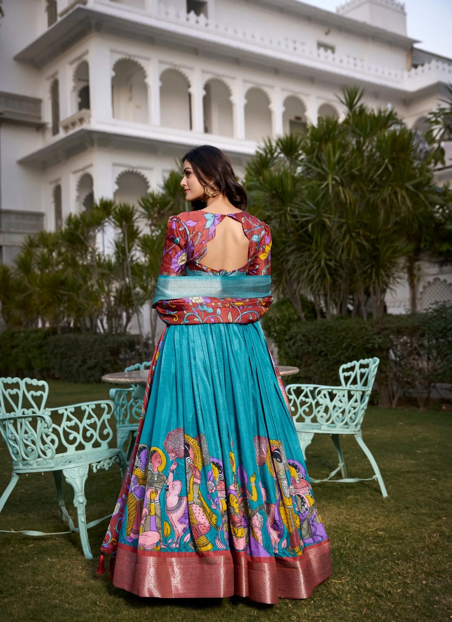 Beautiful Tusser Silk Lehenga Choli Sky