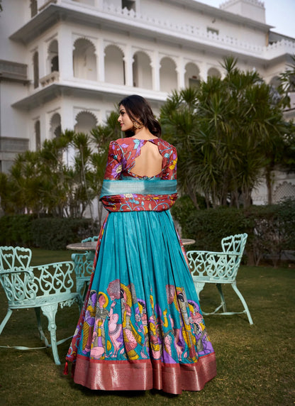 Beautiful Tusser Silk Lehenga Choli Sky