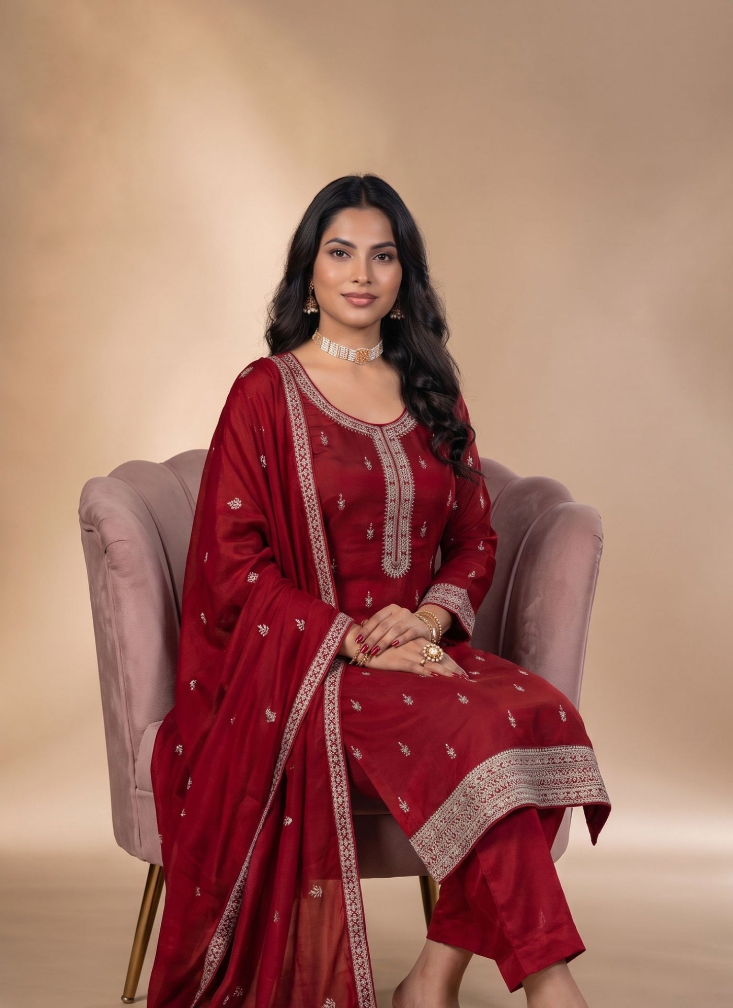 Red Vichitra Silk Premium Designers Kurta Set
