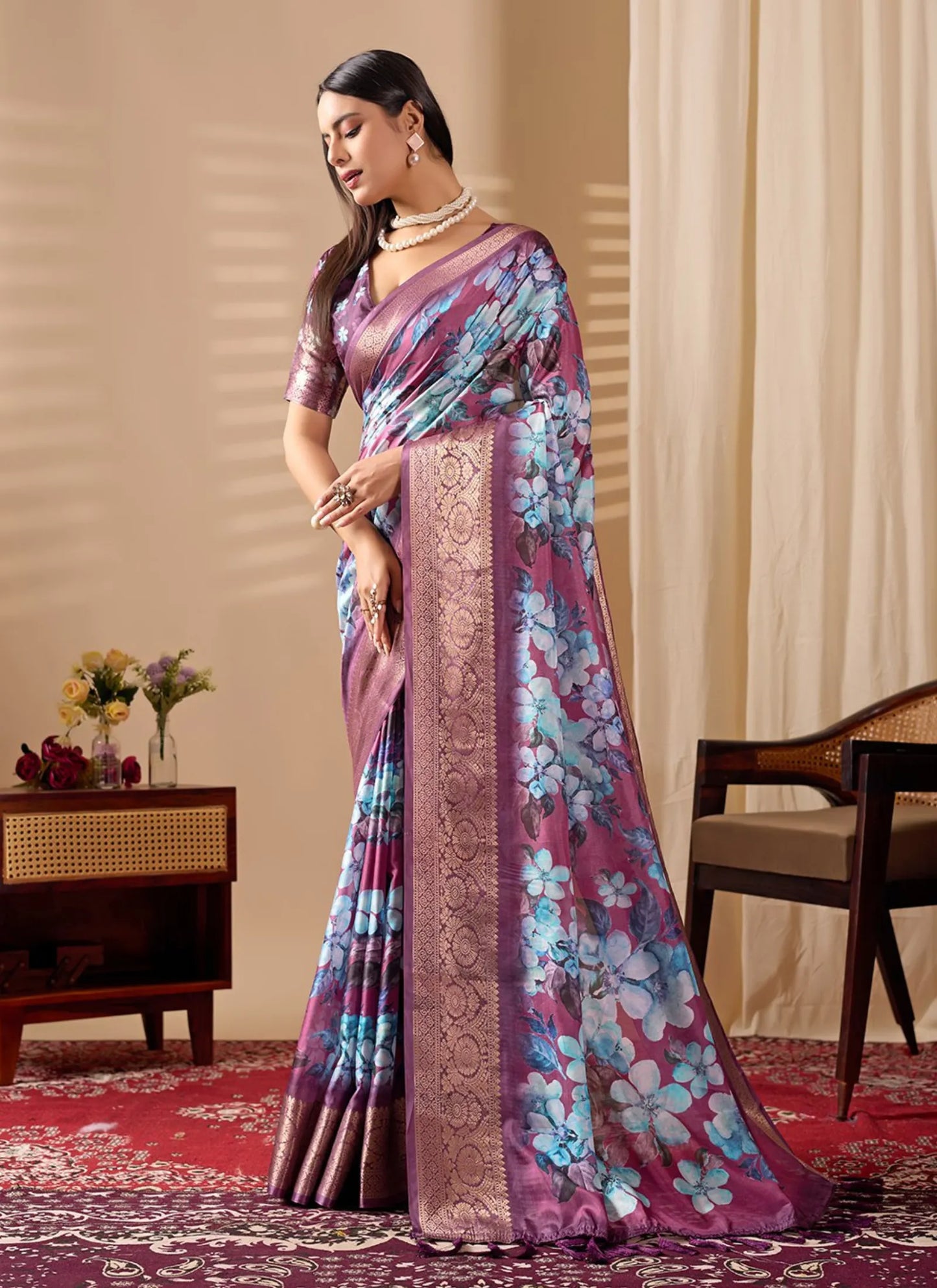 Blooming Floral Print Soft Lichi Silk Saree