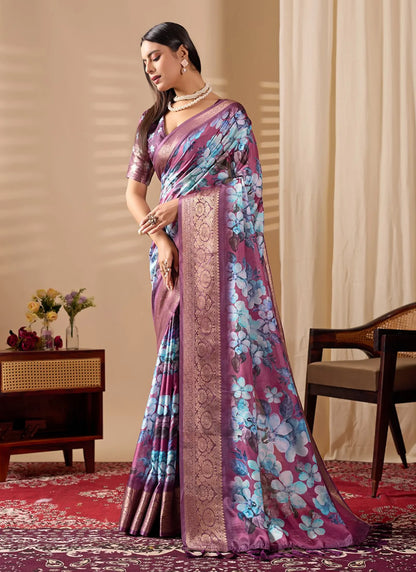 Blooming Floral Print Soft Lichi Silk Saree