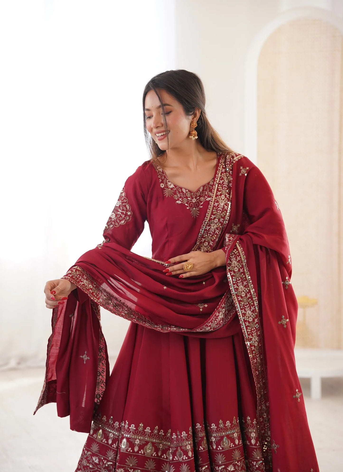 Maroon Embroidered Sequence Anarkali Suit
