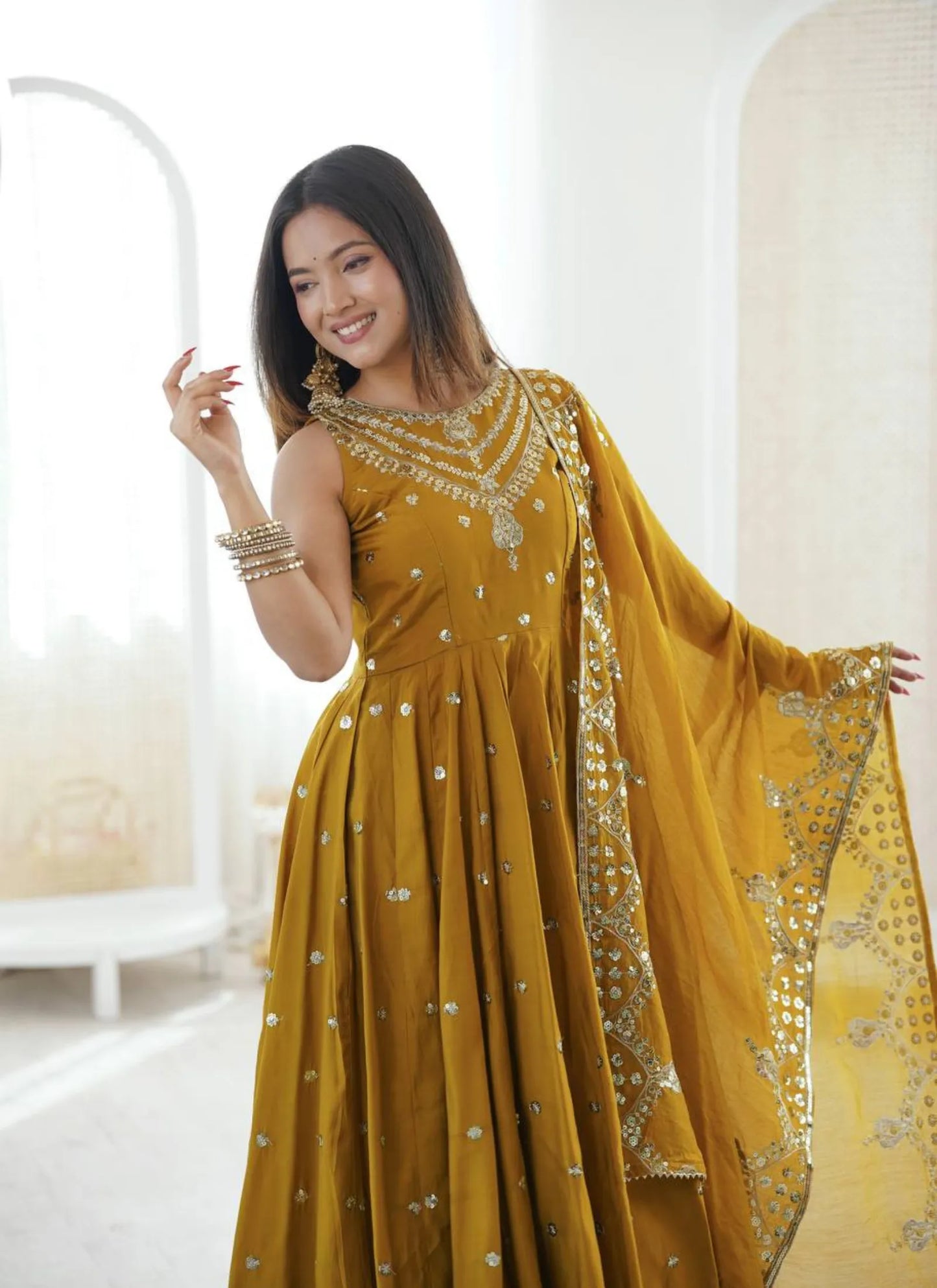 Mustard Roman Silk Embroidery Anarkali Suit