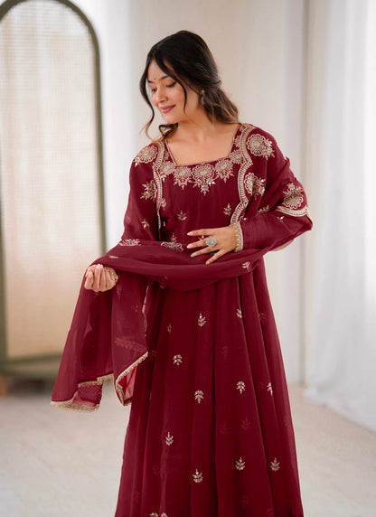 Maroon Designer Embroidered Anarkali Suit