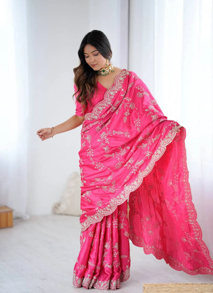 Pink Heavy Satin Silk With Embroidery Saree