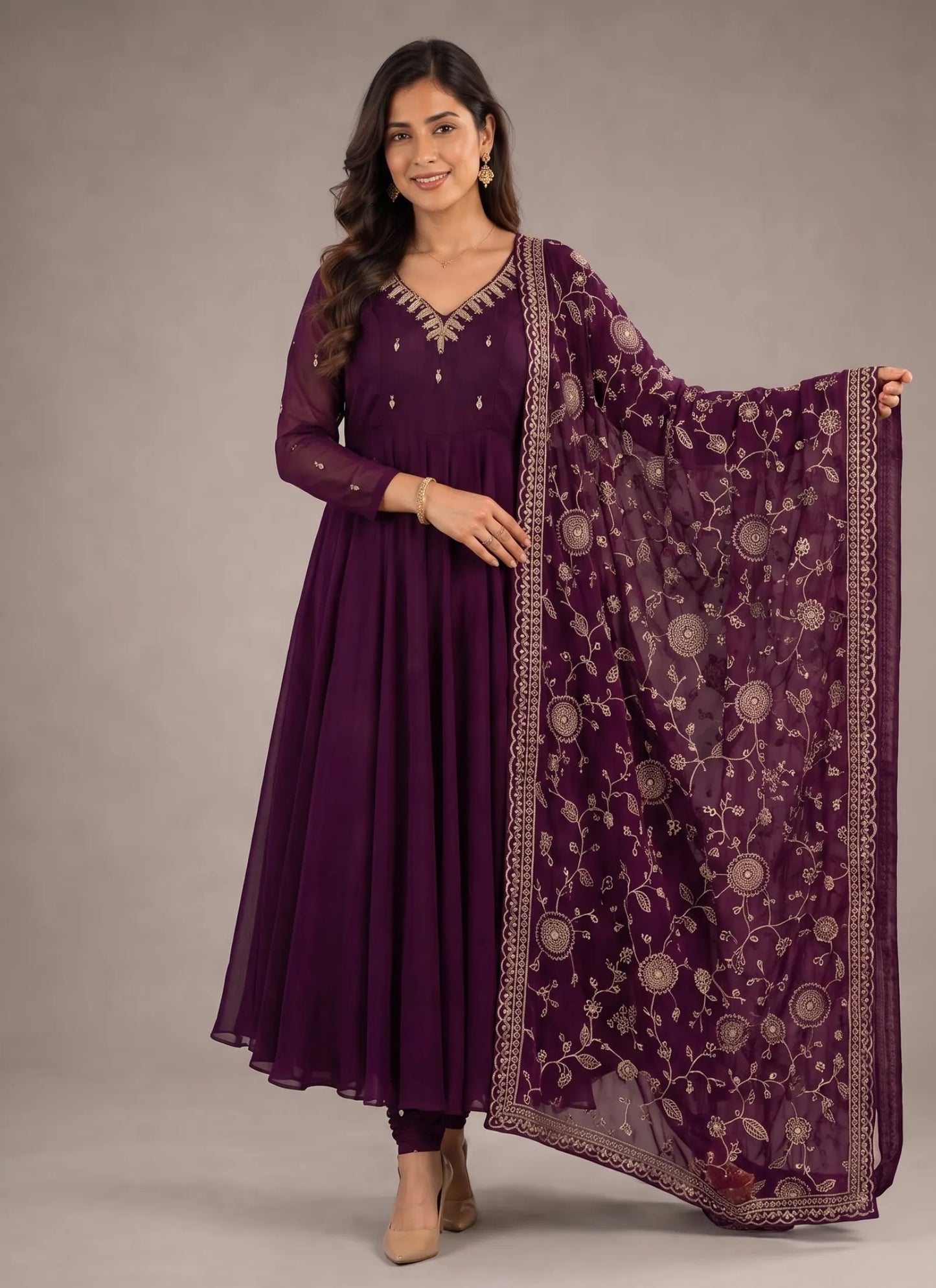 Wine Elegant Embroidered Anarkali Suit